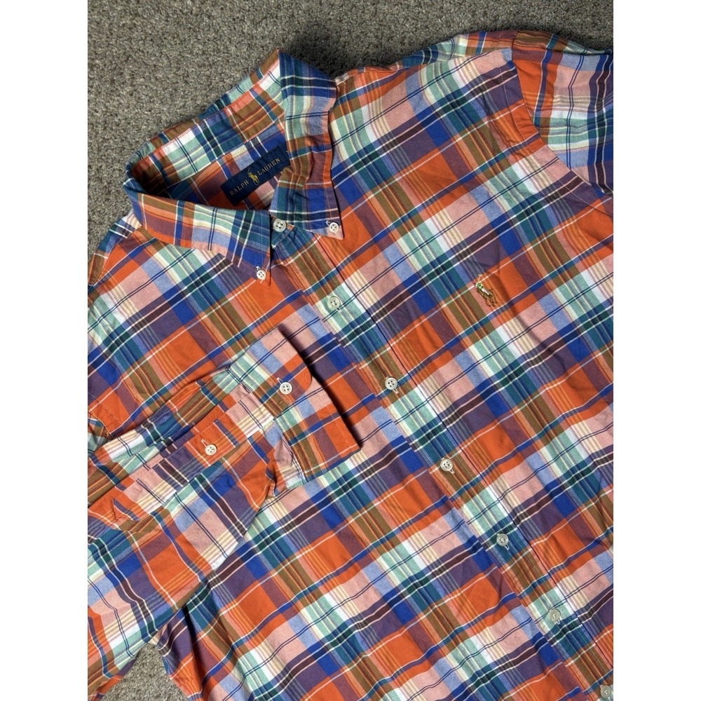 Polo Ralph Lauren Men's XXL 2XL Button Down Shirt Long Sleeve Plaid Orange Blue